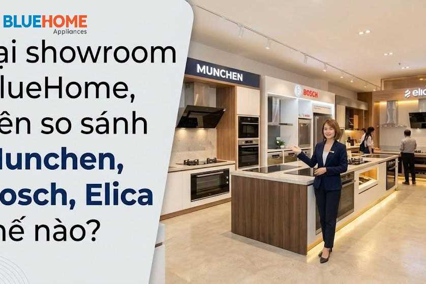Tại showroom BlueHome, nên so sánh Munchen, Bosch, Elica thế nào?