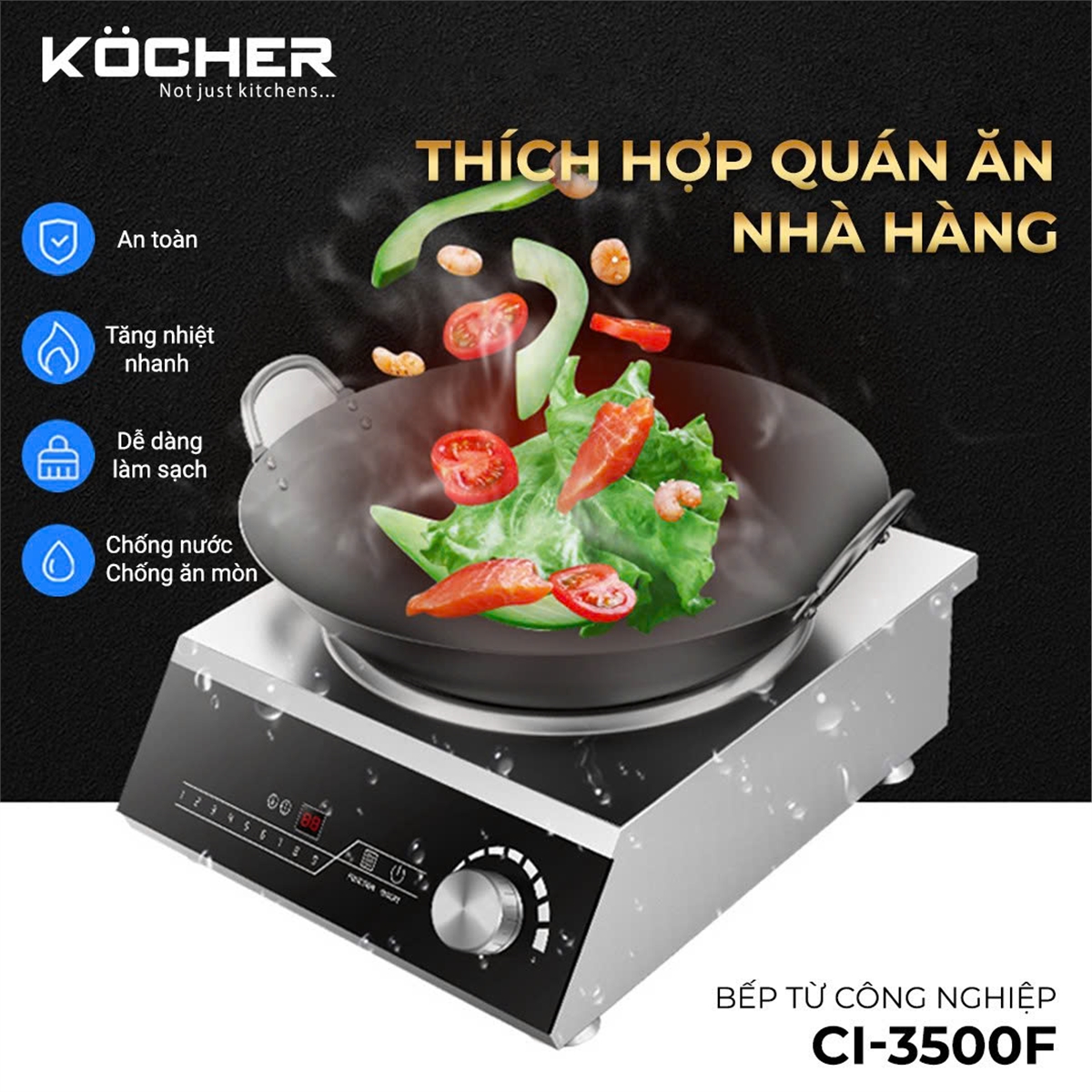 Bếp từ công nghiệp nấu siêu nhanh, công suất lớn, không khói lửa, an toàn và tiết kiệm năng lượng vượt trội.