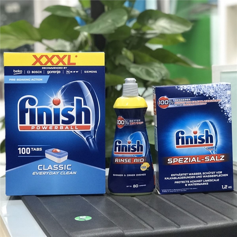 Combo: Viên rửa bát Finish Classic 100 viên + Muối Finish 1.2kg + Nước
