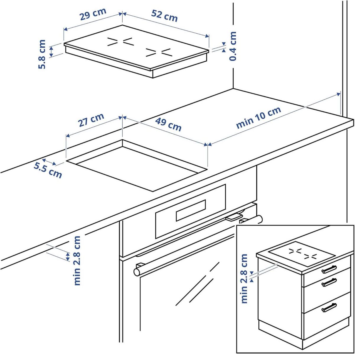Sơ đồ khoét đá và khoảng hở khi lắp bếp từ đôi âm