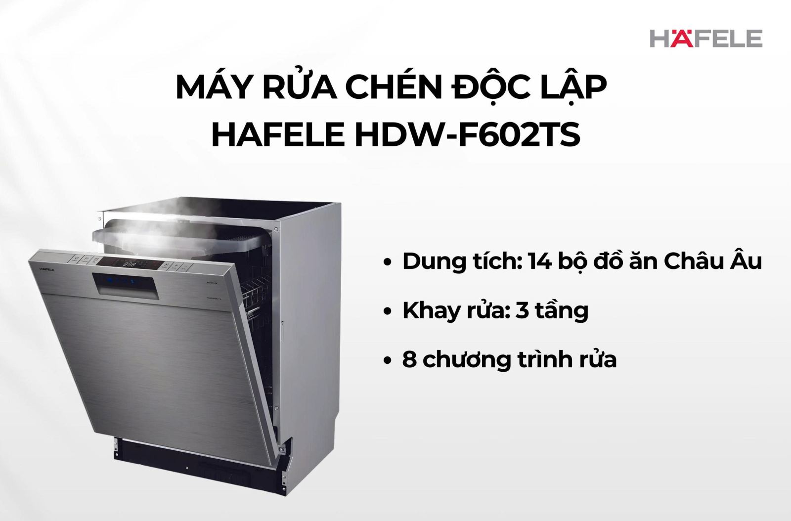 Minh họa máy rửa bát Häfele HDW-F602TS mở hé cửa và thoát hơi