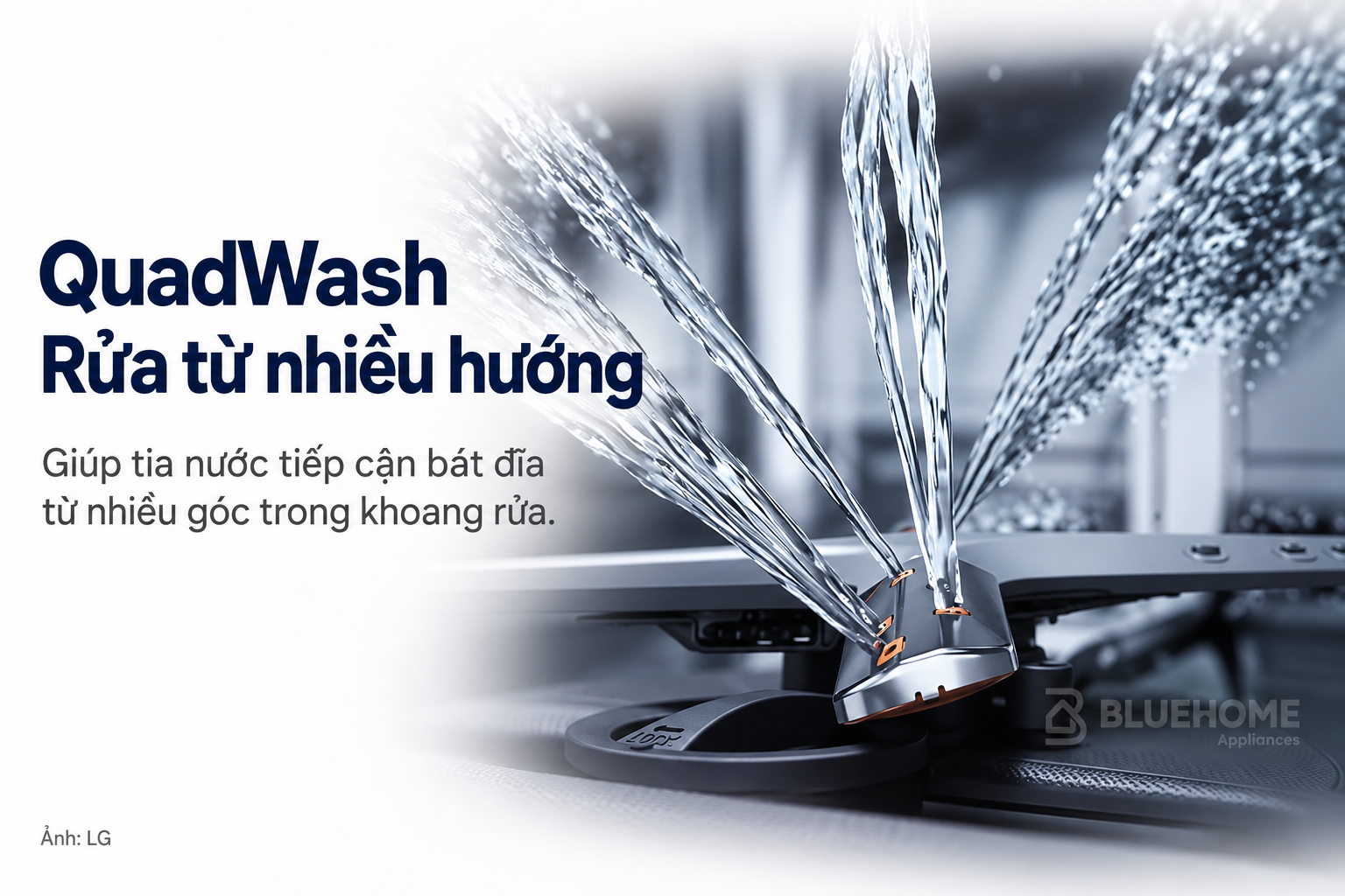 Minh họa hệ thống QuadWash phun nước từ nhiều hướng trong máy rửa bát LG