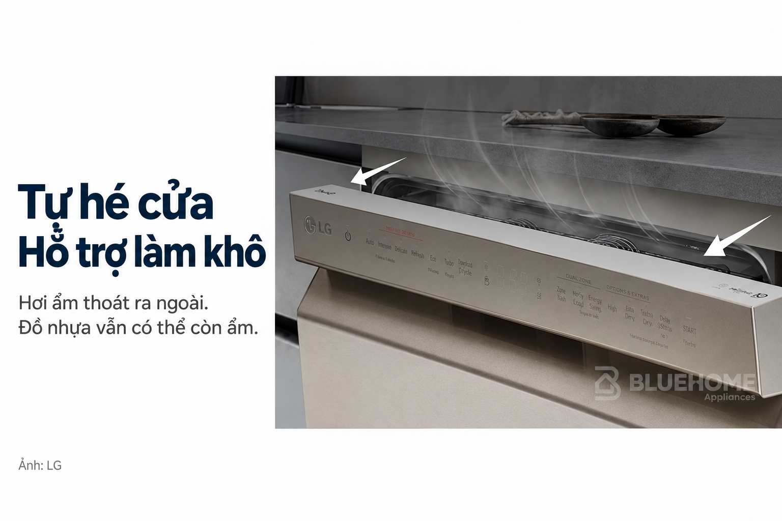 Cửa máy rửa bát LG tự hé để hỗ trợ thoát hơi ẩm và làm khô đồ dùng