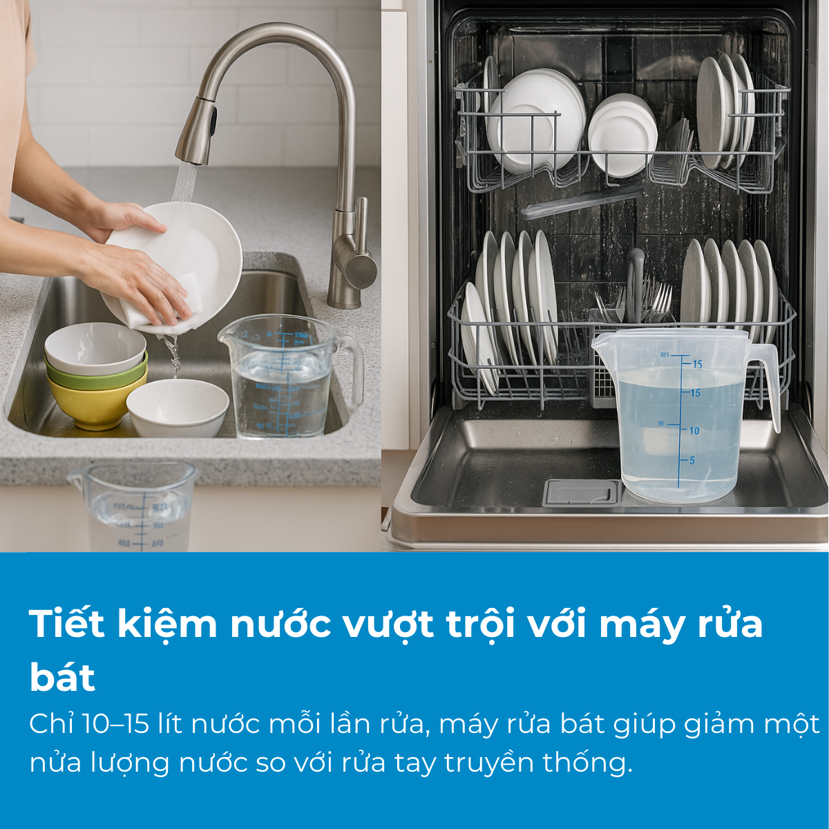 Tiết kiệm nước gấp đôi mỗi lần rửa – lựa chọn bền vững cùng máy rửa bát hiện đại.