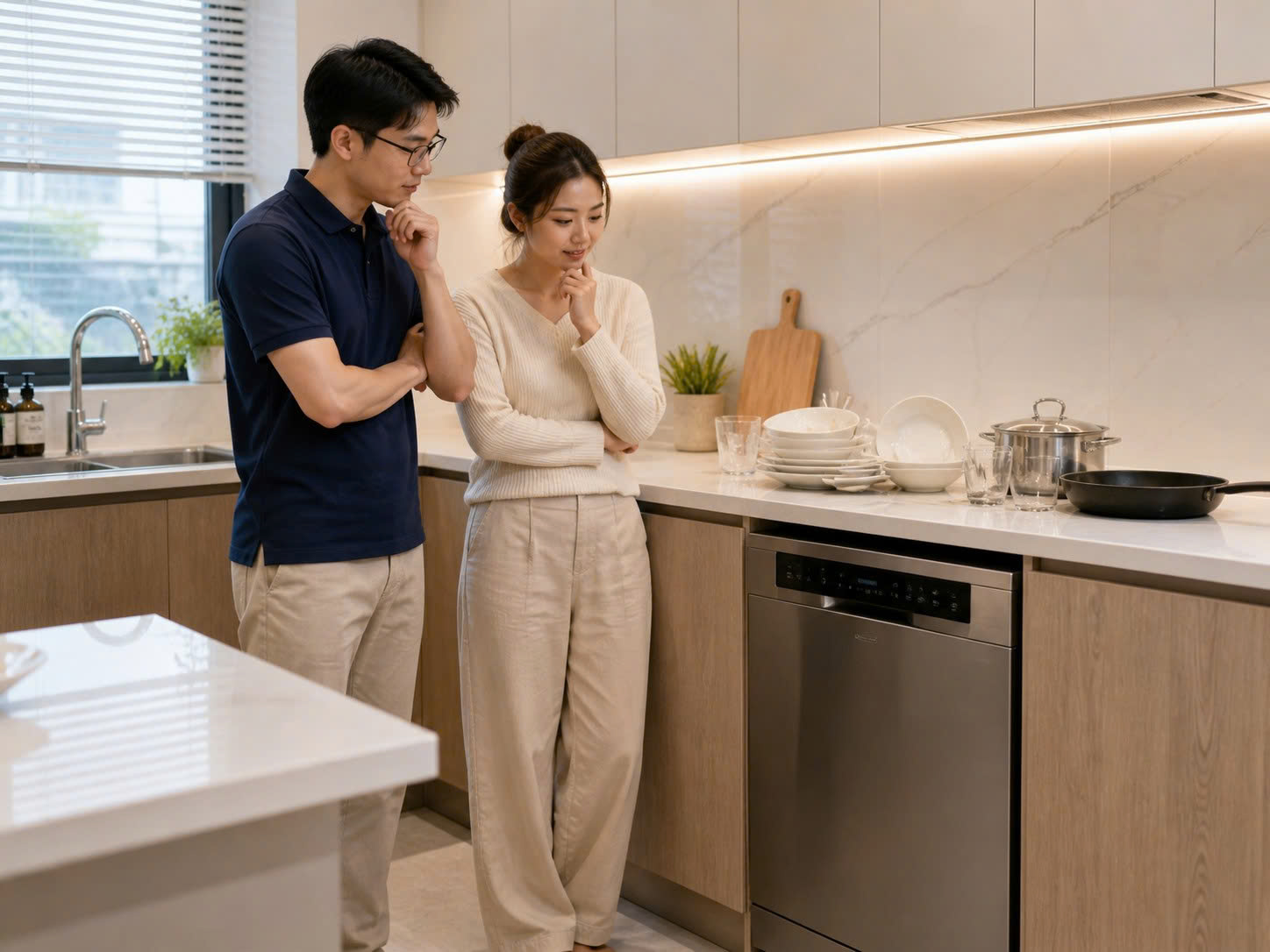 gia đình nhỏ trong bếp hiện đại đang cân nhắc có nên mua máy rửa bát