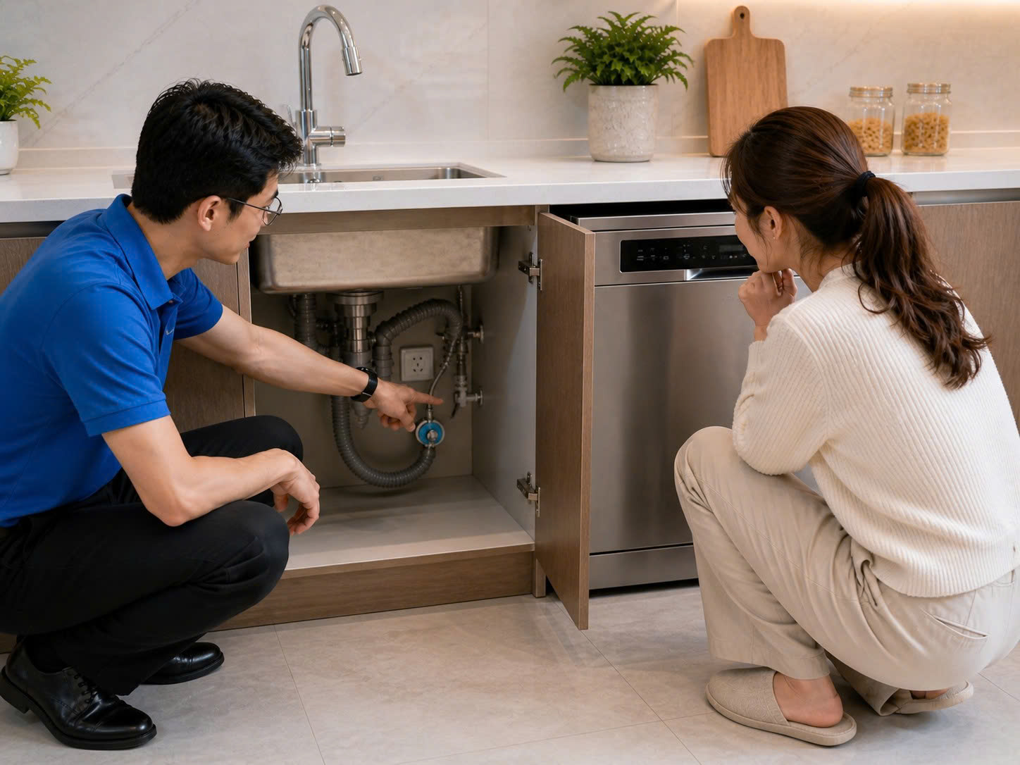 chuyên viên kiểm tra vị trí lắp máy rửa bát dưới bồn rửa trong bếp