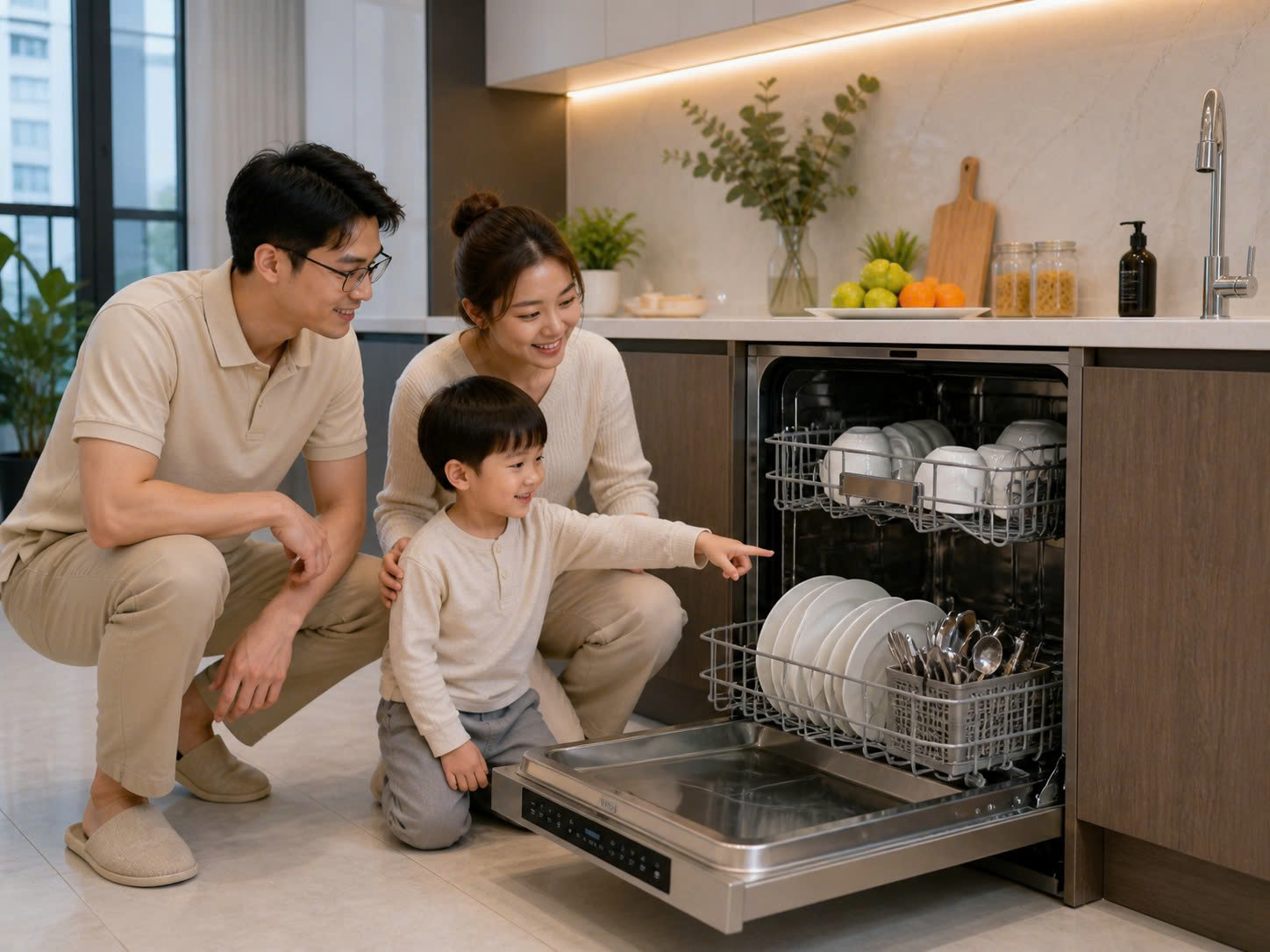 gia đình sử dụng máy rửa bát trong bếp hiện đại sau bữa ăn