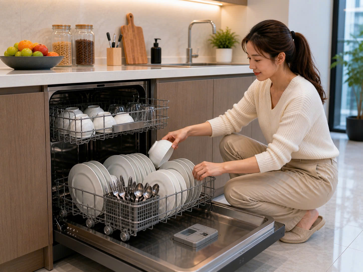 xếp bát ly nồi vào máy rửa bát trong bếp hiện đại
