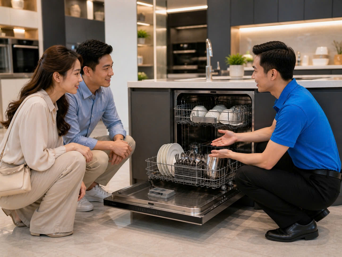 chuyên viên tư vấn máy rửa bát cho gia đình tại showroom cao cấp