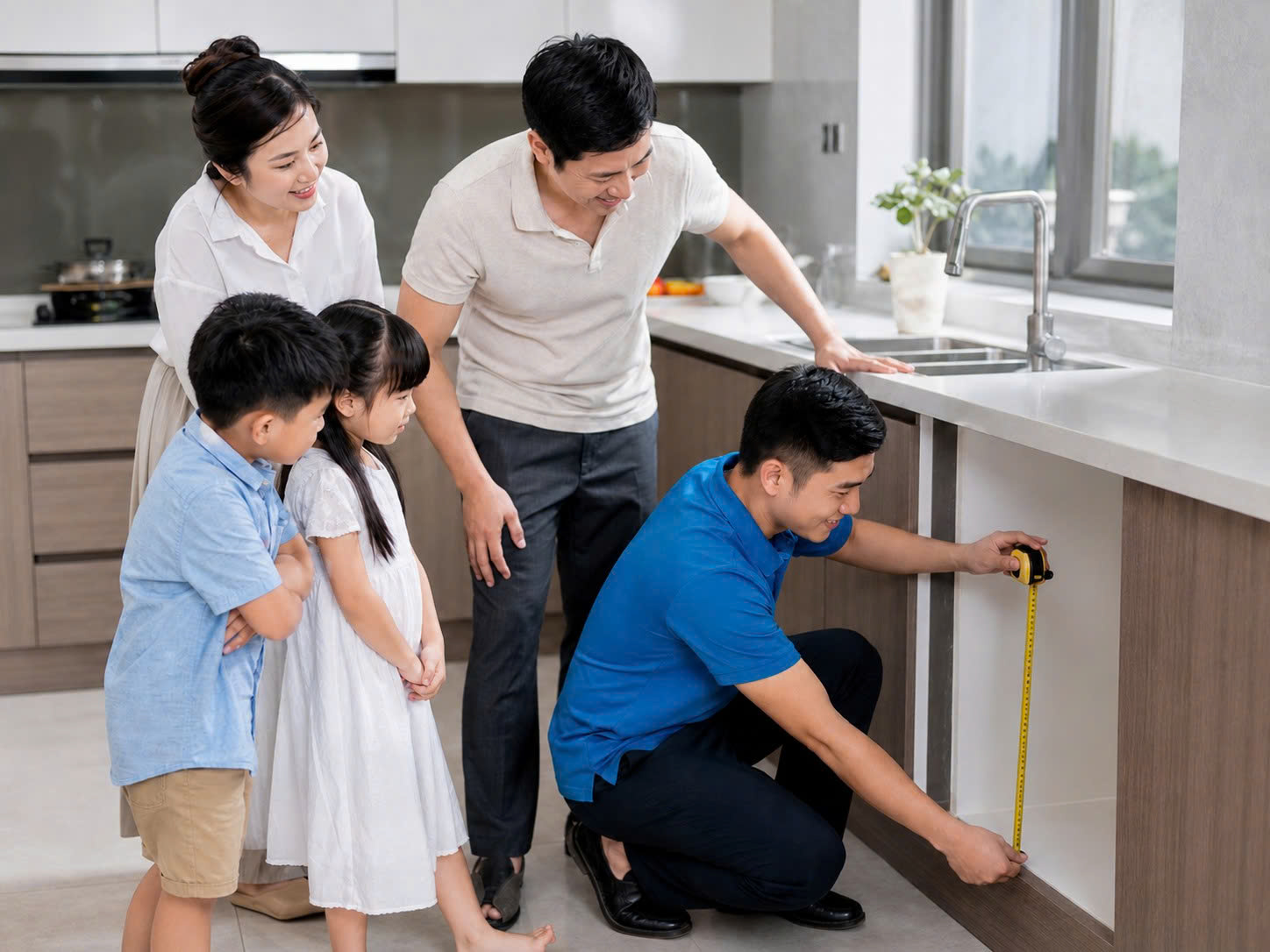 Nhân viên BlueHome đo khoang tủ trống để tư vấn lắp máy rửa bát cho gia đình