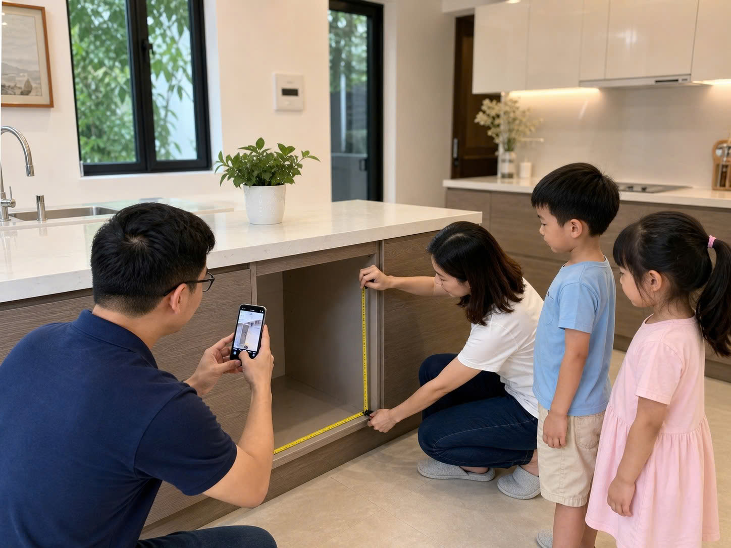Gia đình đo khoang tủ và chụp ảnh khu bếp để gửi tư vấn máy rửa bát