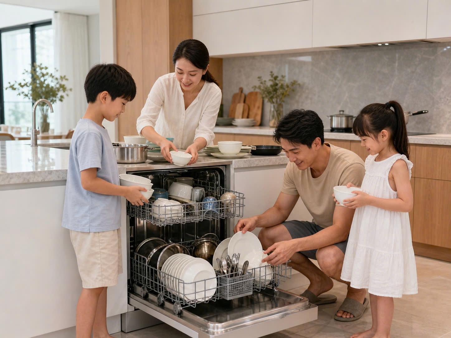 Gia đình 4 người xếp bát đĩa xoong nồi vào máy rửa bát để chọn dung tích phù hợp