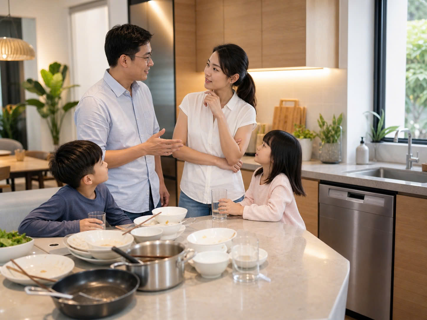 Gia đình 4 người trong bếp hiện đại cân nhắc mua máy rửa bát sau bữa ăn