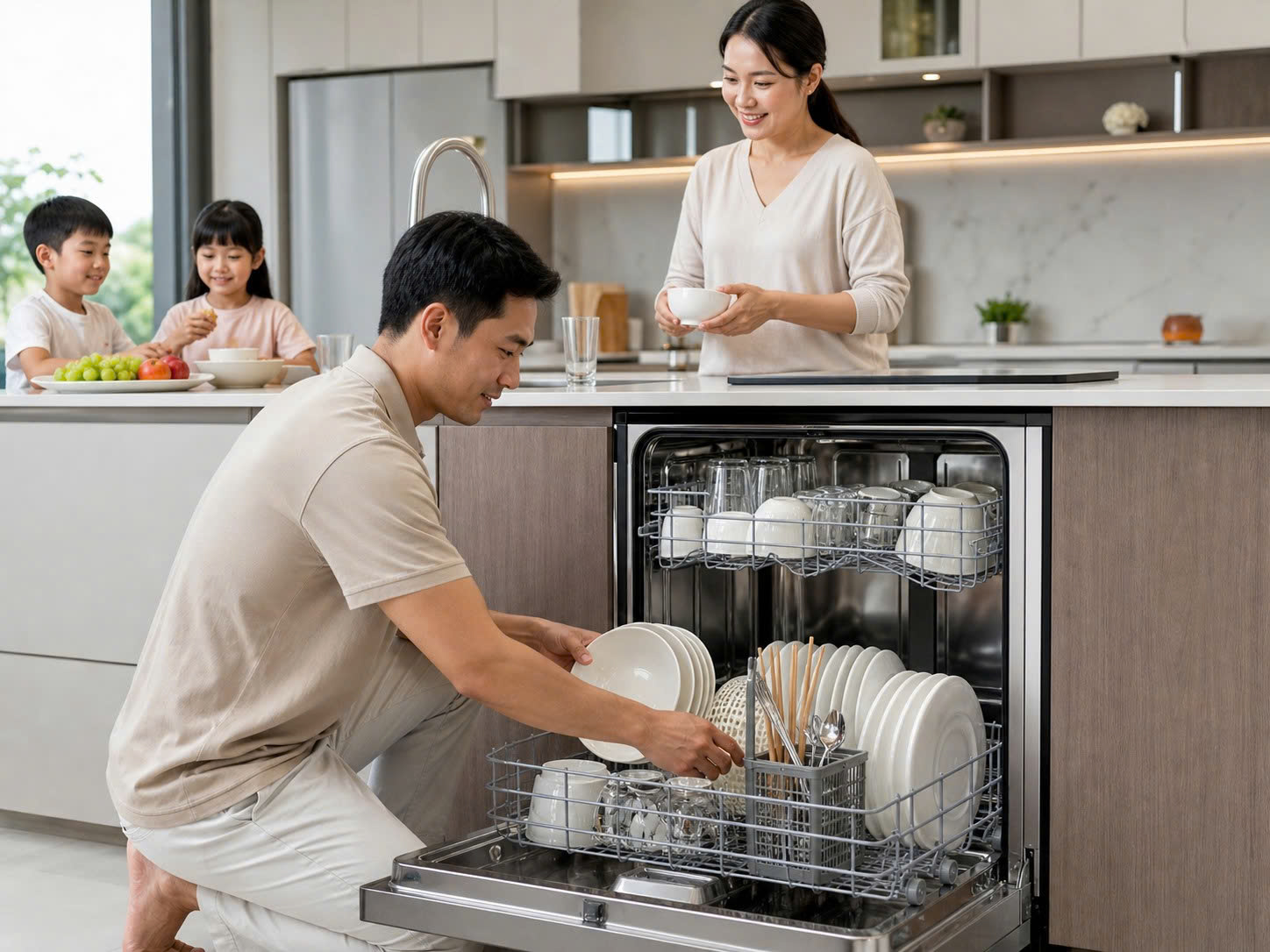 Cách xếp bát đĩa vào giàn rửa máy rửa bát trong bếp gia đình hiện đại