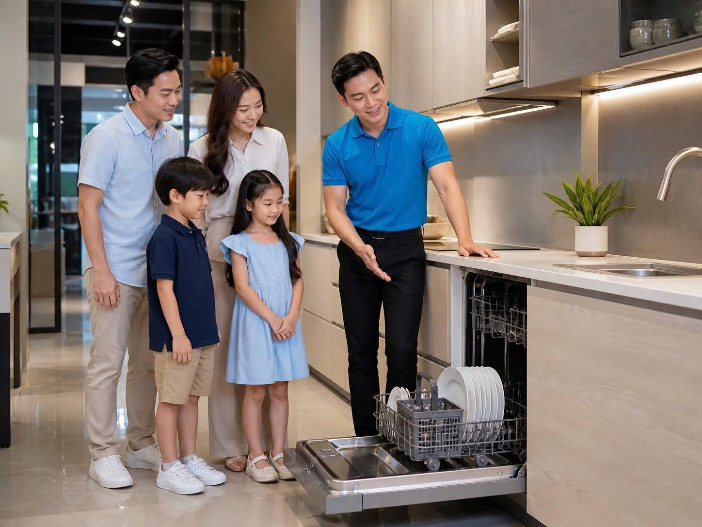 Nhân viên BlueHome tư vấn gia đình chọn kiểu lắp máy rửa bát tại showroom