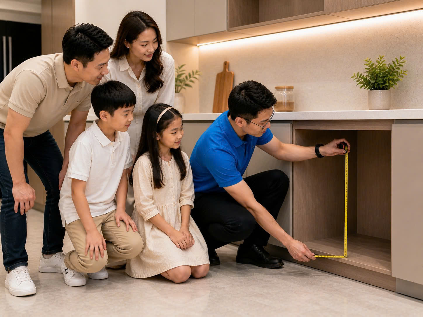 Nhân viên BlueHome đo khoang tủ khô trước khi tư vấn lắp máy rửa bát