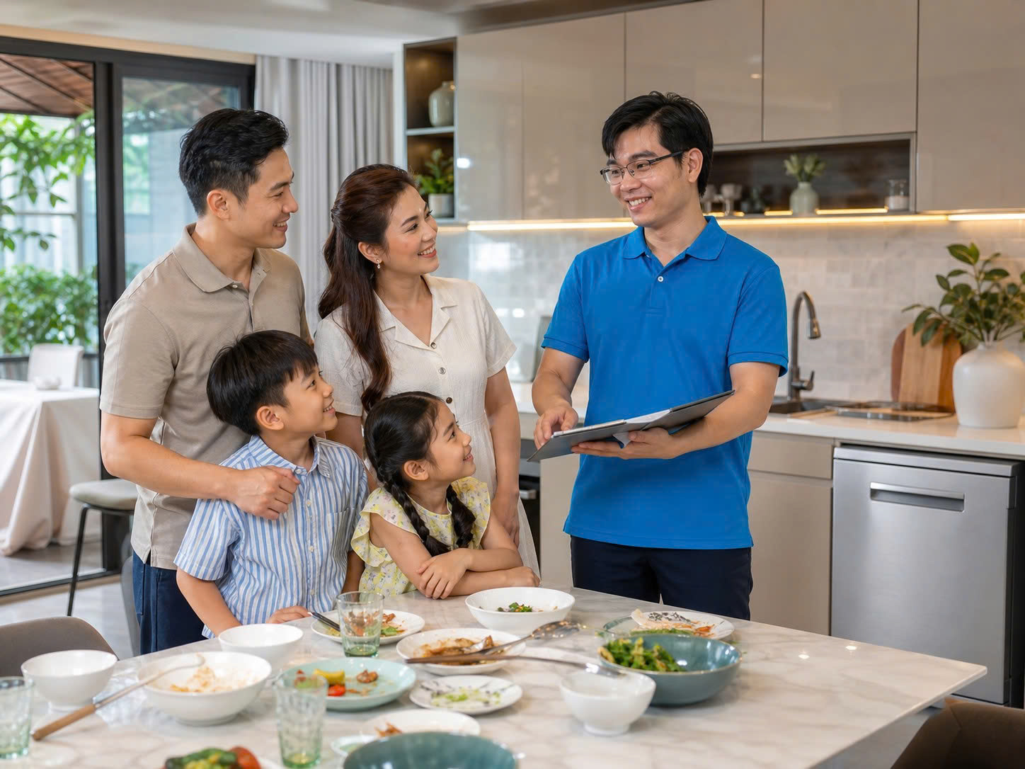 Gia đình được nhân viên BlueHome tư vấn chọn máy rửa bát theo nhu cầu sử dụng