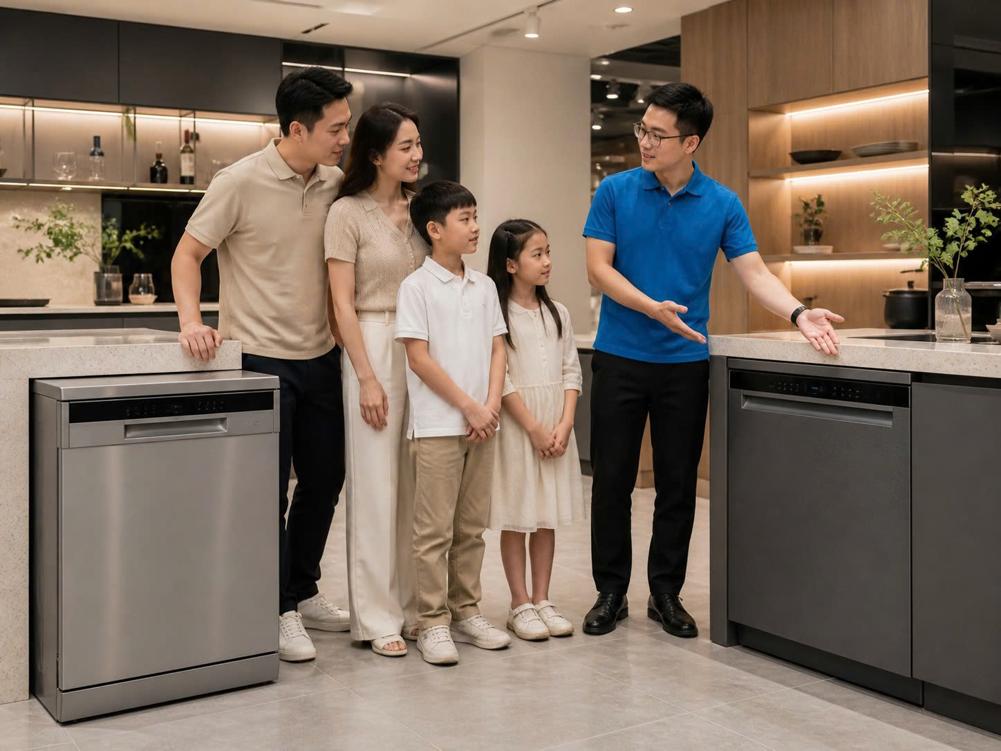 Gia đình so sánh máy rửa bát độc lập và âm tủ trong showroom