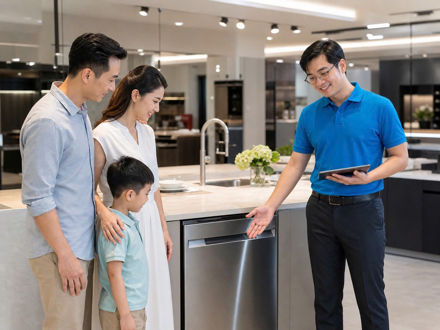 Chuyên viên BlueHome tư vấn gia đình Việt chọn loại máy rửa bát phù hợp trong khu bếp hiện đại