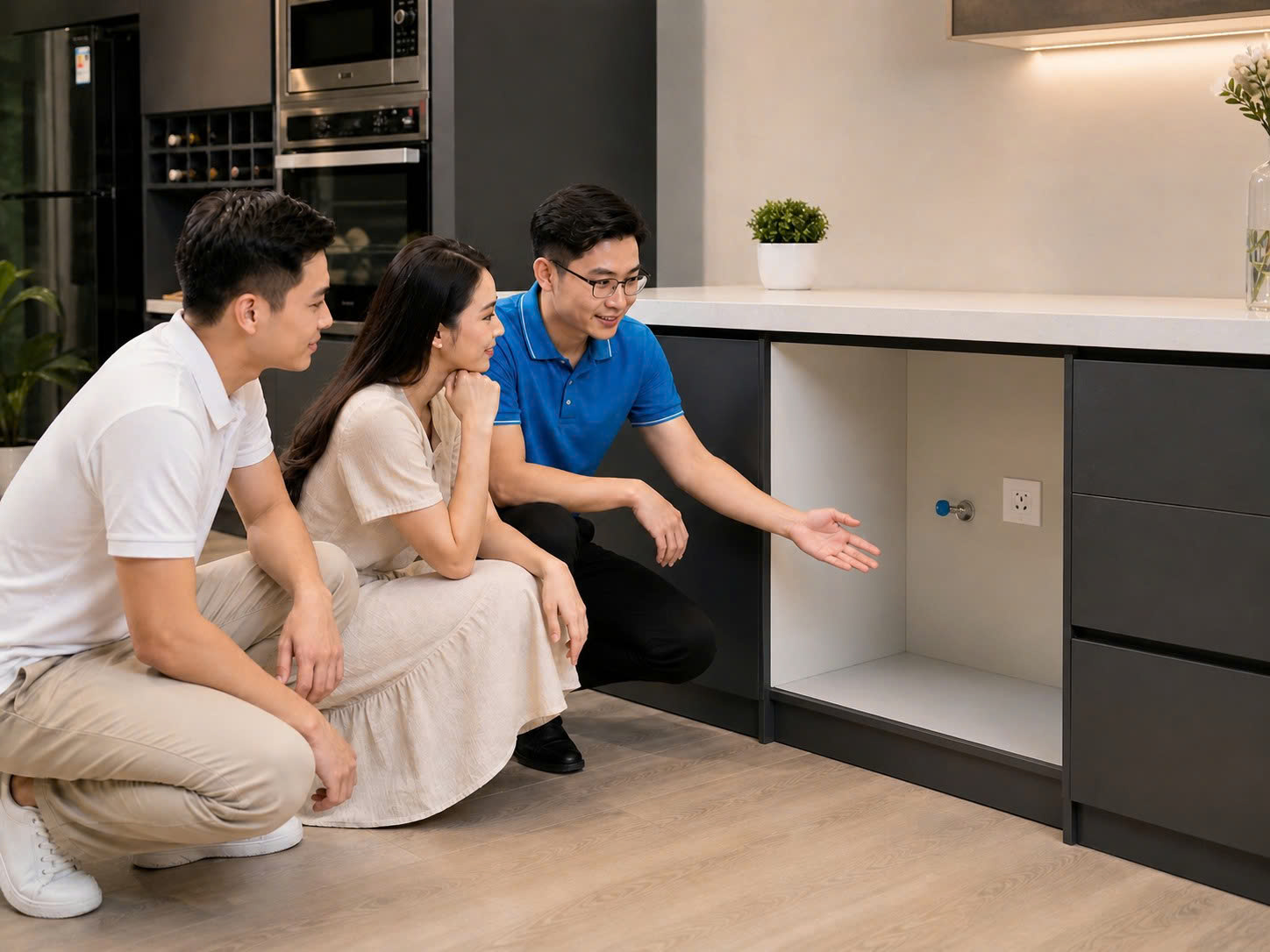 Chuyên viên BlueHome kiểm tra khoang tủ dự kiến lắp máy rửa bát trong bếp gia đình