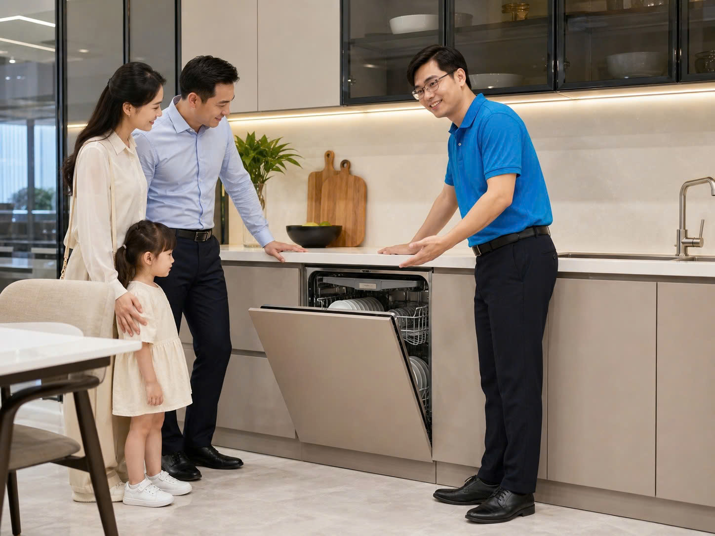 Máy rửa bát âm tủ đồng bộ hệ tủ bếp được BlueHome tư vấn cho gia đình Việt