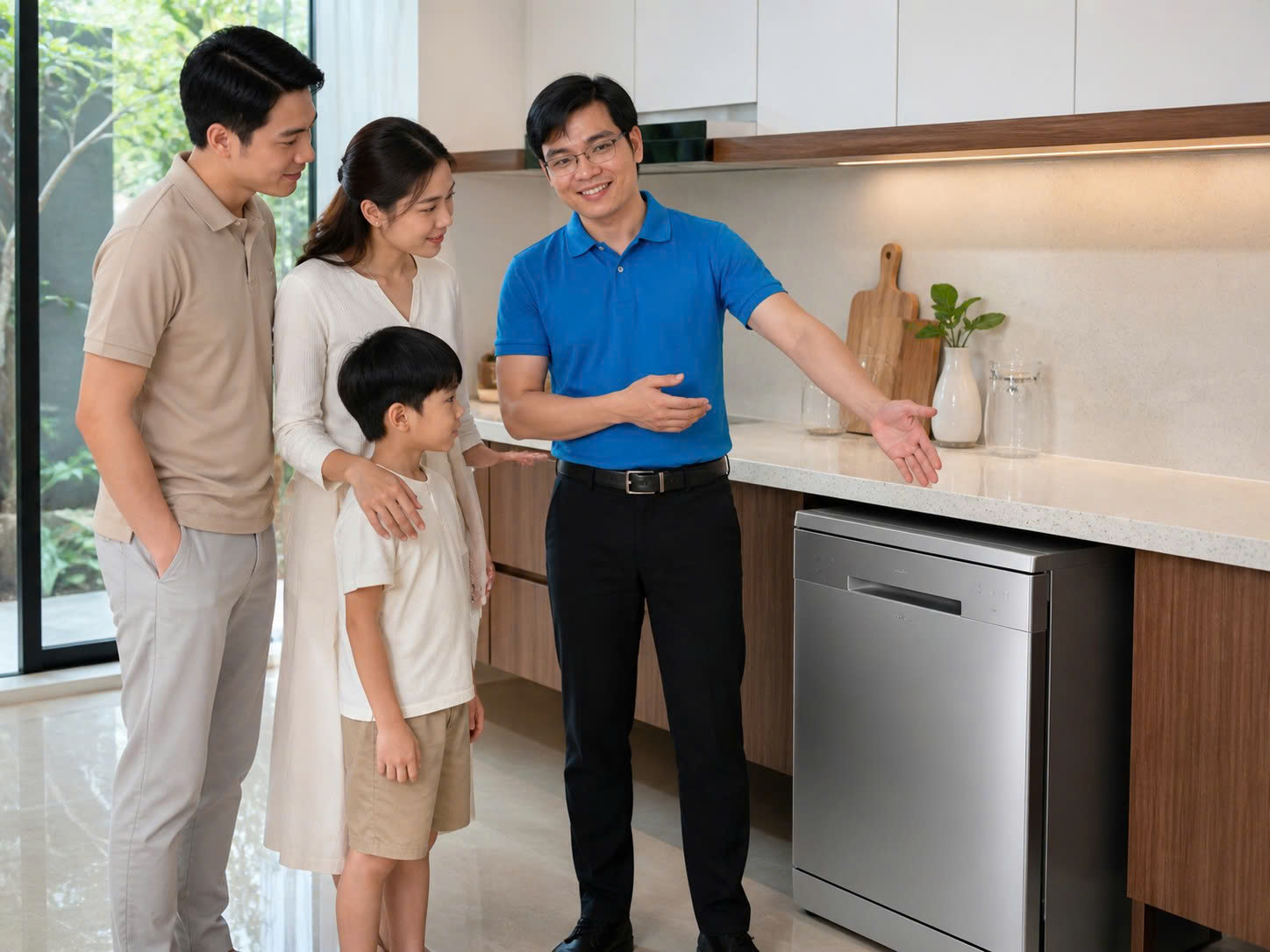 Máy rửa bát độc lập trong bếp gia đình đã hoàn thiện với chuyên viên BlueHome tư vấn