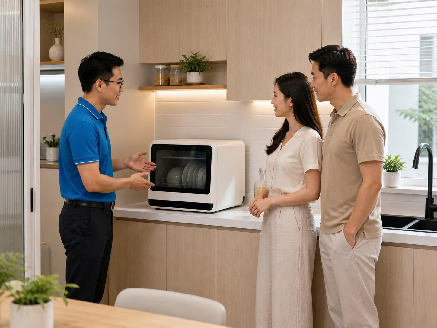 Máy rửa bát mini để bàn trong căn bếp nhỏ được chuyên viên BlueHome tư vấn