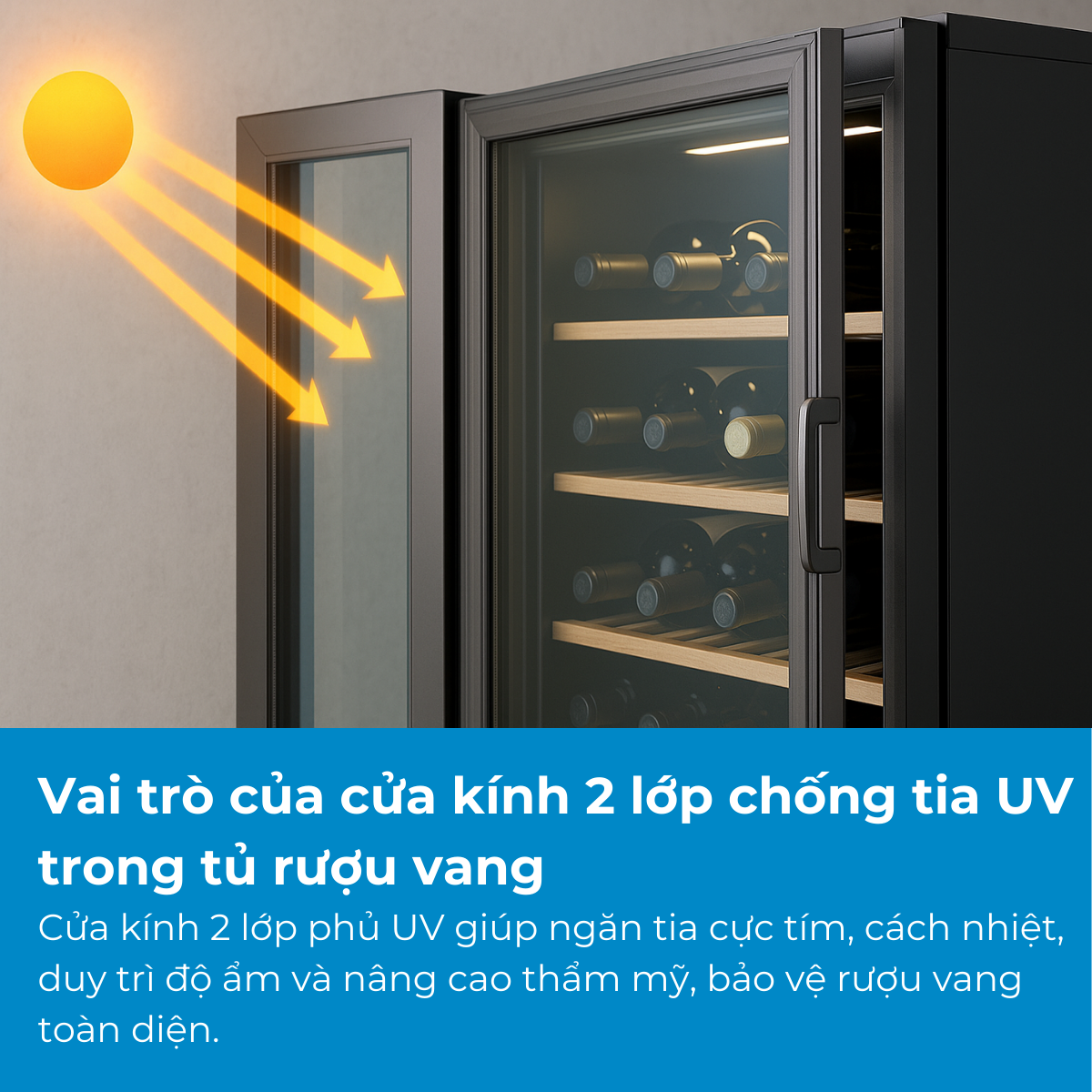 Vai trò của cửa kính 2 lớp chống tia UV trong tủ rượu vang