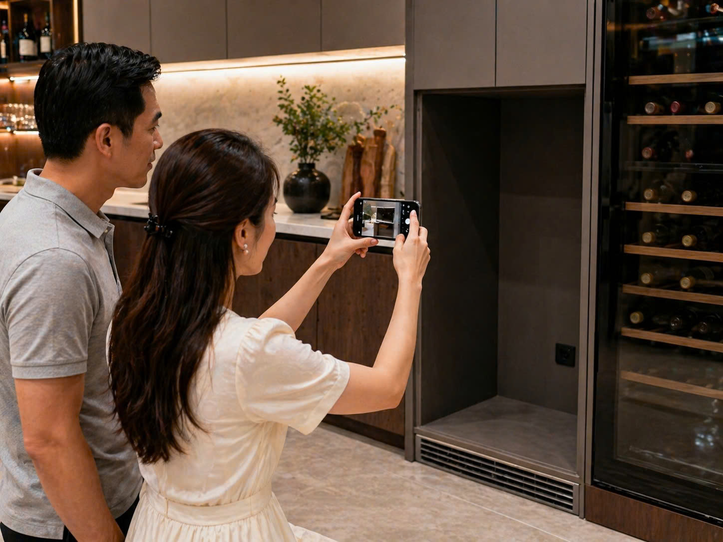 Khách hàng chụp ảnh khoang bếp để kiểm tra kích thước tủ rượu vang trước khi mua