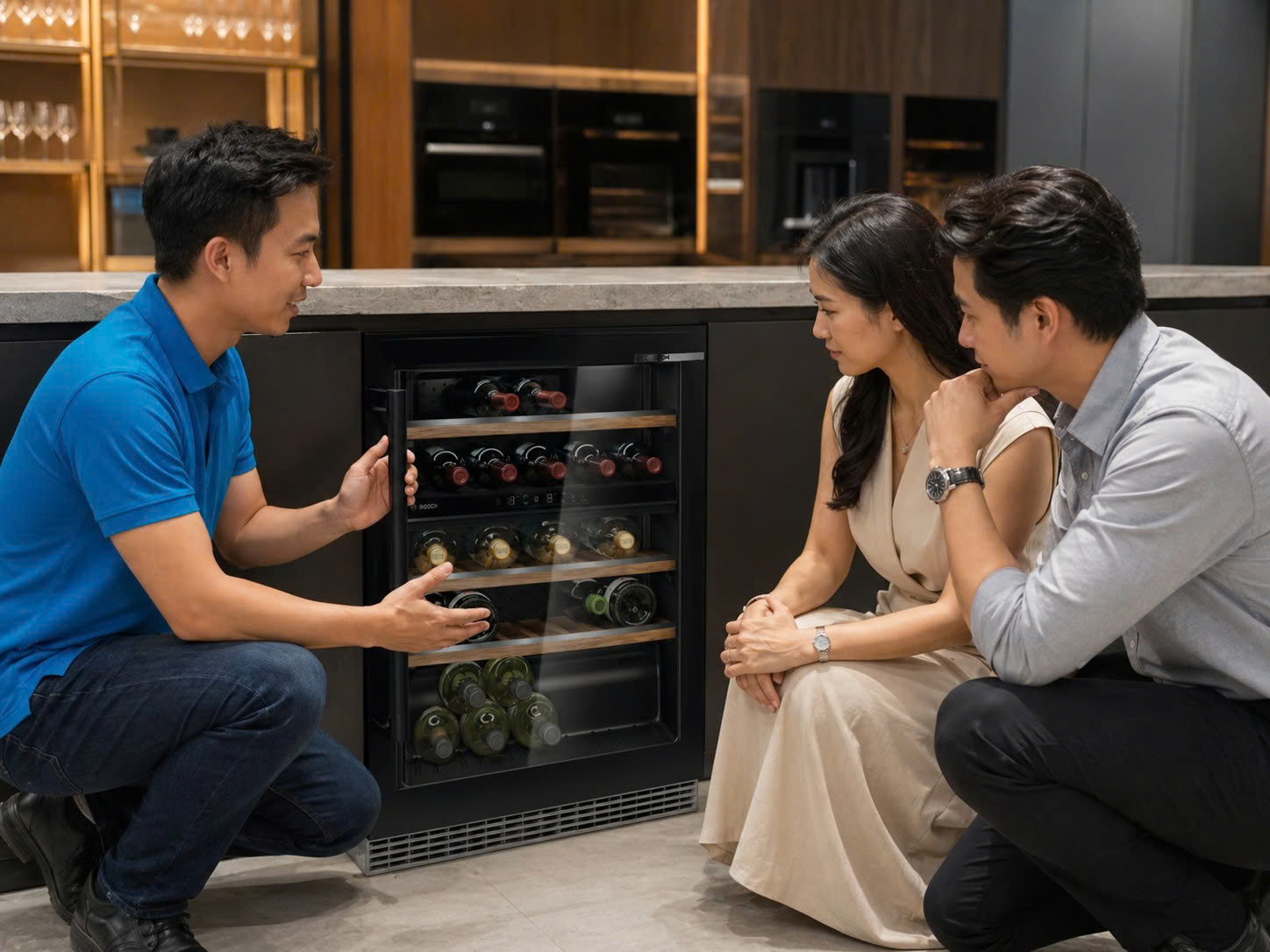 Chuyên viên BlueHome tư vấn kích thước tủ rượu vang Bosch KUW21AHG0 tại showroom