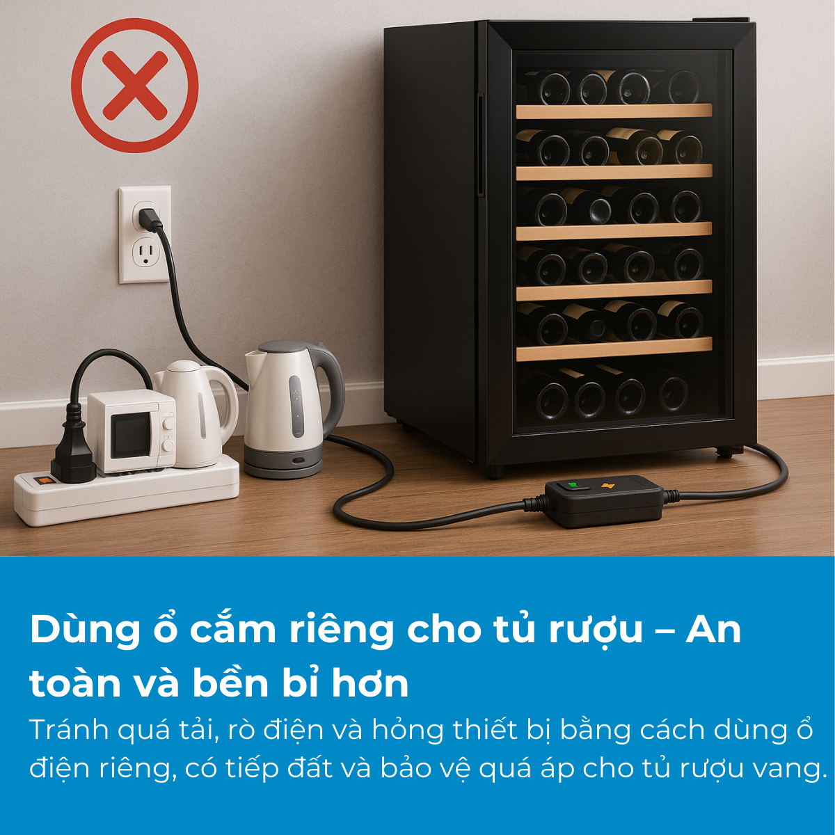 Dùng ổ cắm riêng cho tủ rượu – An toàn và bền bỉ hơn