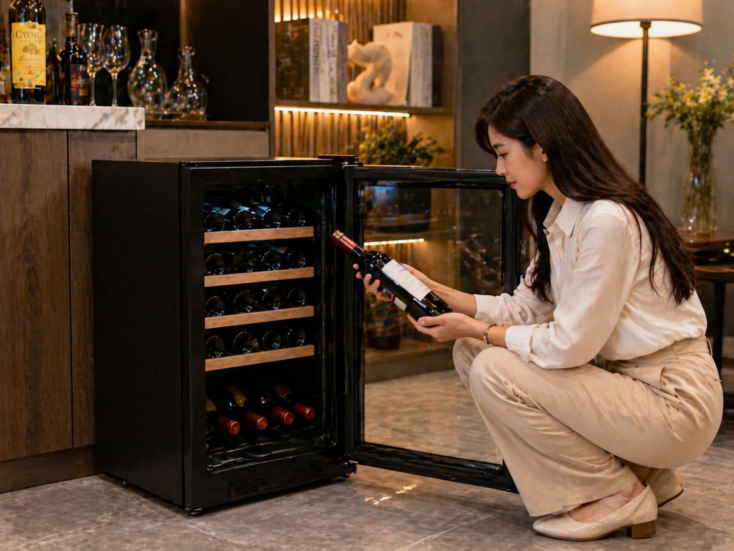 Cận cảnh tủ rượu vang Vinocave SC-18AJPM với chai vang được bảo quản trong khoang tủ