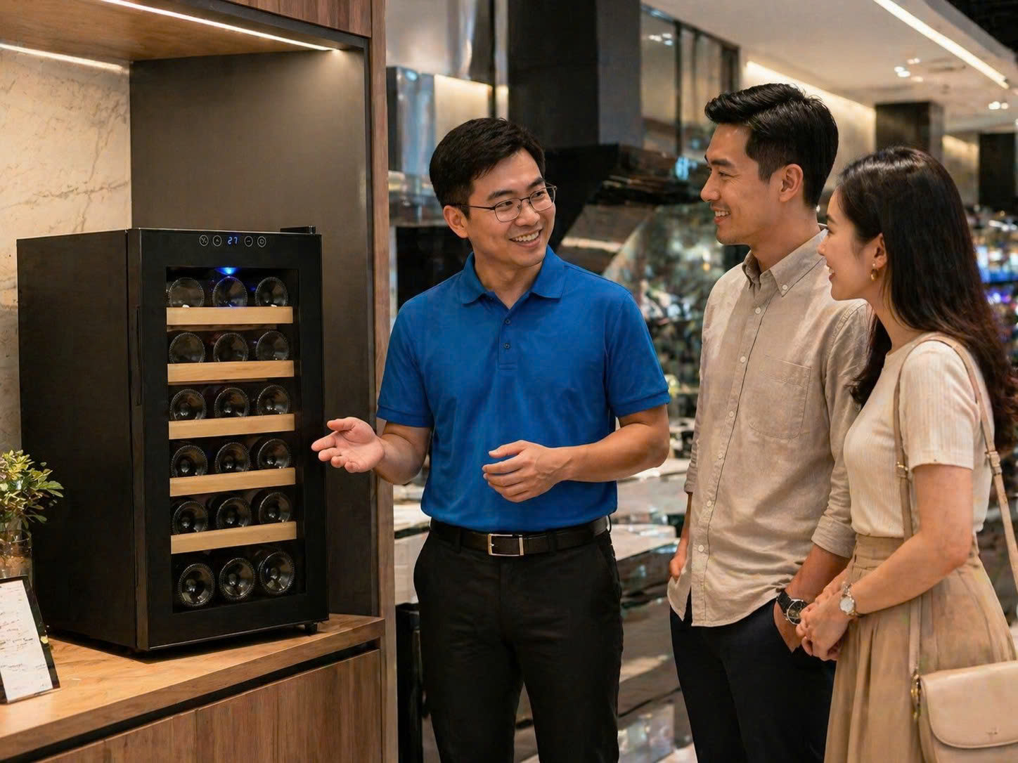 Nhân viên BlueHome tư vấn khách chọn tủ rượu vang Vinocave 18 chai SC-18AJPM tại showroom