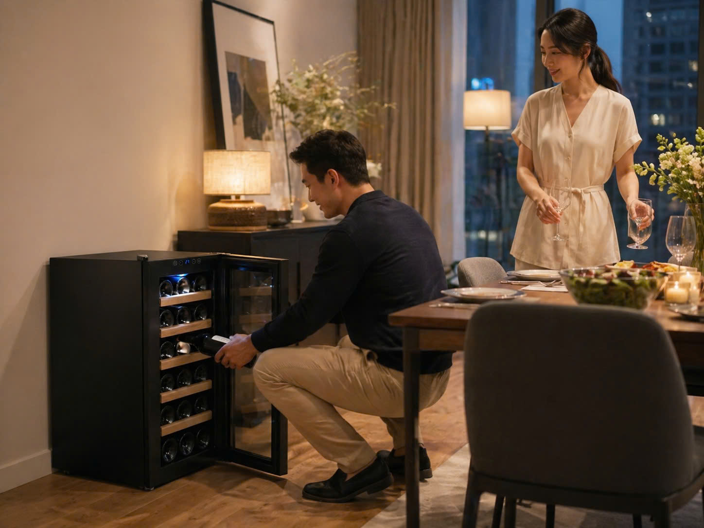 Tủ rượu vang Vinocave SC-18AJPM 18 chai đặt trong phòng ăn gia đình hiện đại