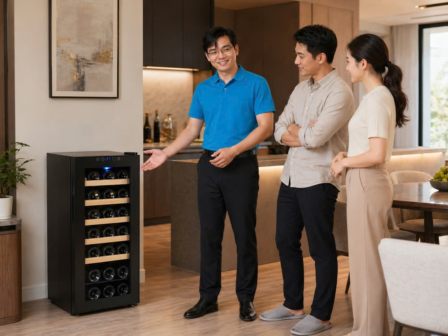 Nhân viên BlueHome tư vấn vị trí đặt tủ rượu vang Vinocave SC-18AJPM 18 chai dạng độc lập