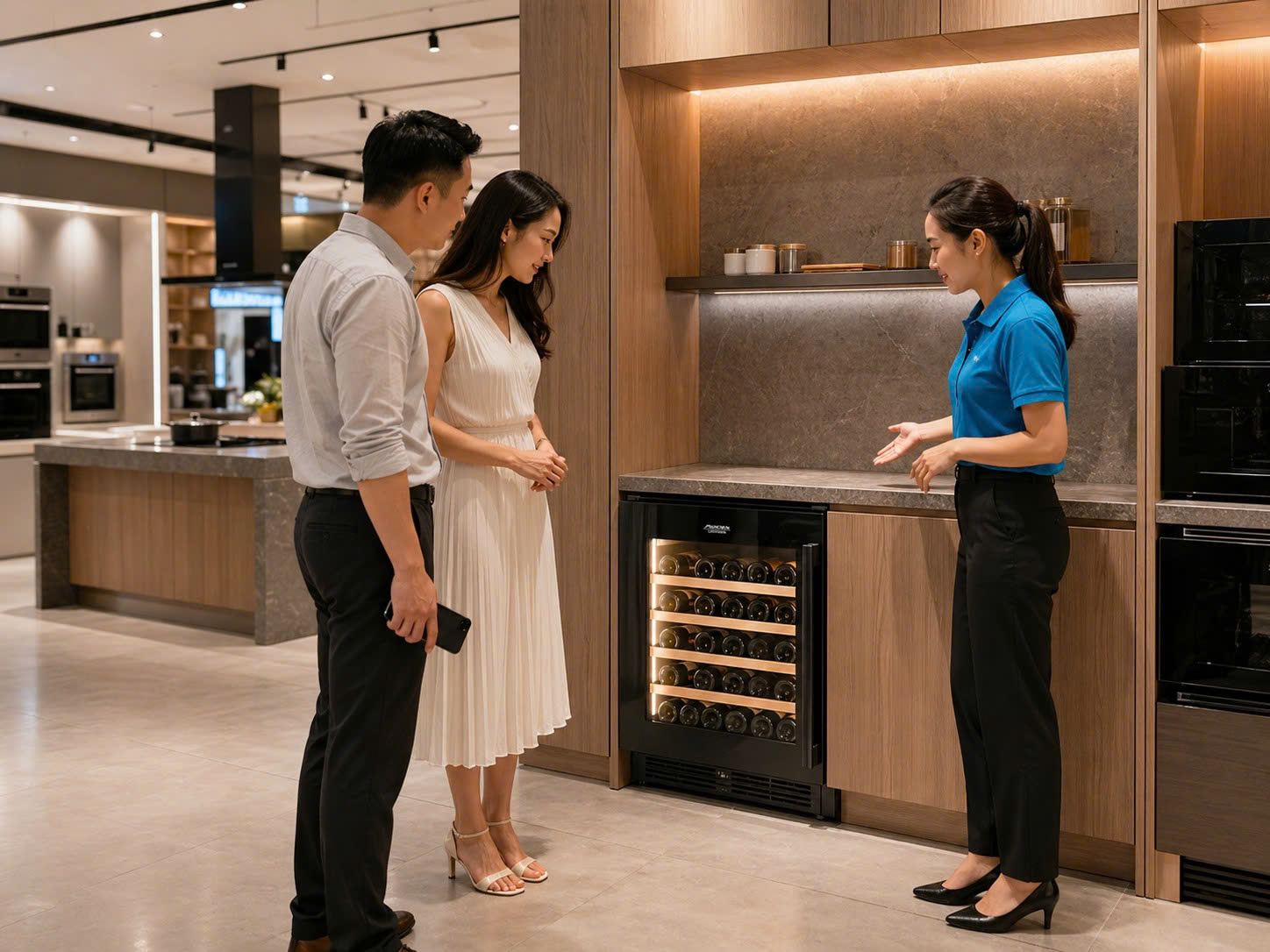Chuyên viên BlueHome tư vấn khách chọn tủ rượu Munchen tại showroom