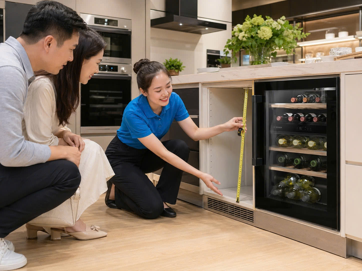 Chuyên viên BlueHome đo khoang lắp tủ rượu vang Bosch KUW21AHG0