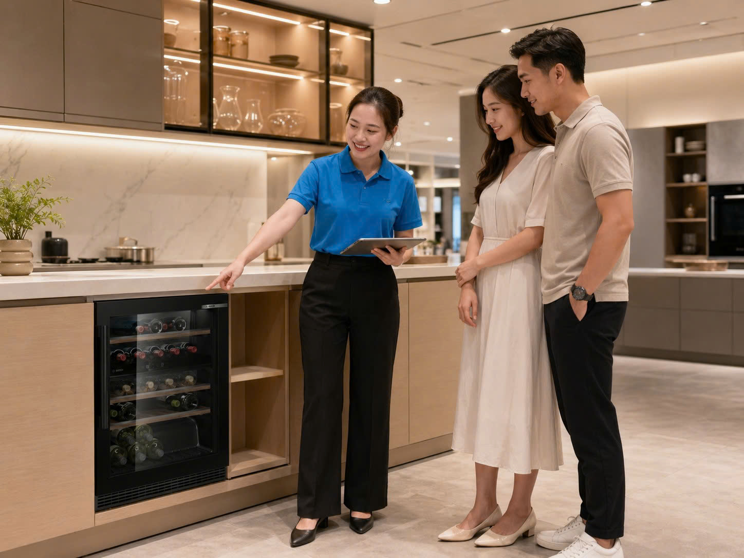 Chuyên viên BlueHome tư vấn vị trí lắp tủ rượu vang Bosch trong bếp âm tủ