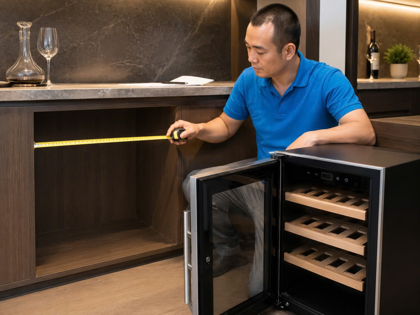 Nhân viên BlueHome đo kích thước vị trí đặt tủ rượu vang mini