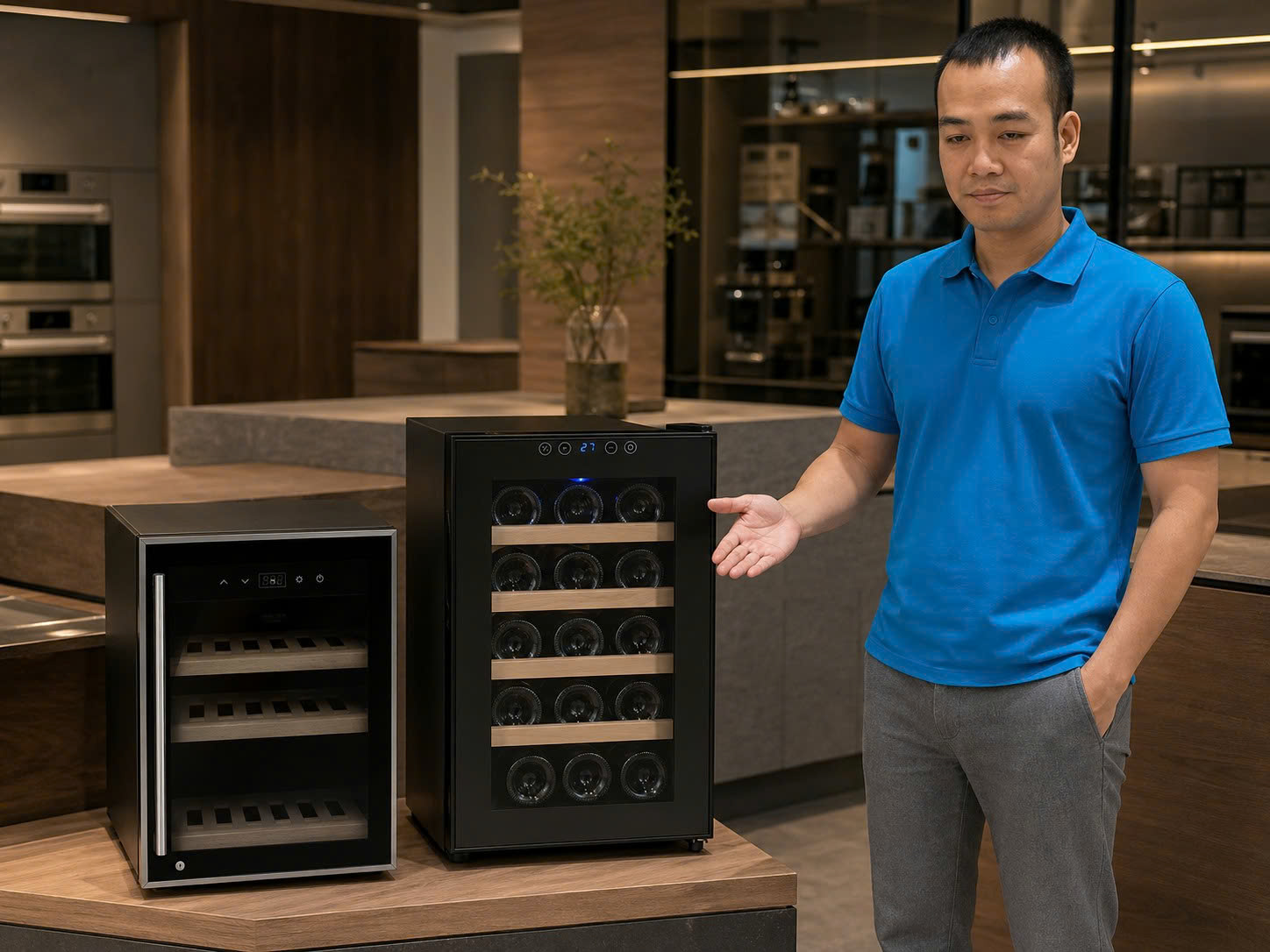 Nhân viên BlueHome so sánh tủ rượu vang mini 12 chai và 18 chai