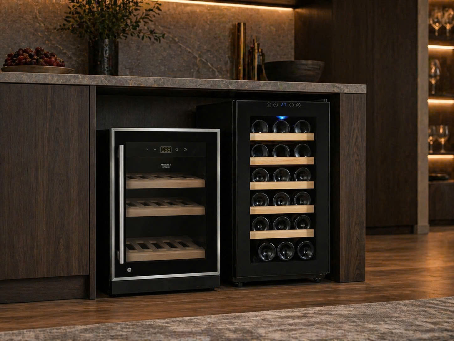 Tủ rượu vang mini 8–20 chai trong không gian bếp hiện đại