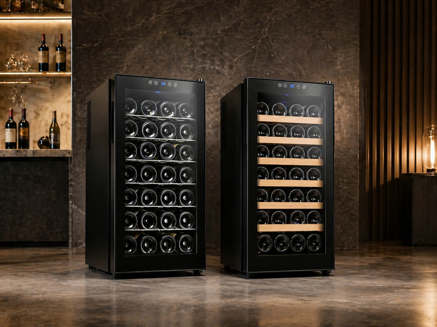 So sánh tủ rượu vang Vinocave 28AJP khay inox và SC-28 khay gỗ