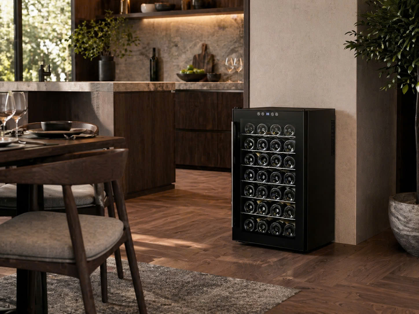 Tủ rượu vang Vinocave 28AJP đặt trong phòng ăn hiện đại để bảo quản vang tại nhà