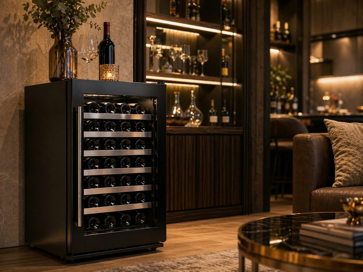 Cận cảnh tủ rượu vang Vinocave 28AJP khay inox 28 chai trong không gian bếp cao cấp
