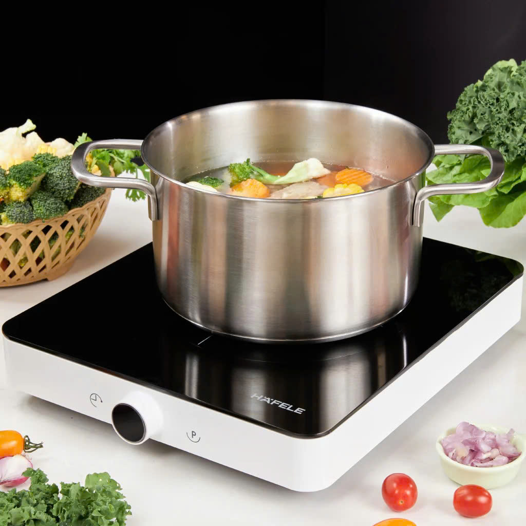 Bếp từ Hafele HSI-21FW nhỏ gọn, Booster 2.3kW, núm vặn đa năng, hẹn giờ, an toàn, tiện dụng.