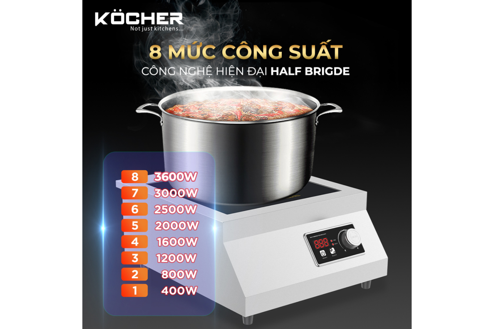 Kocher CI-3600F công suất 3600W mạnh mẽ, nấu nhanh vượt trội, 8 mức nhiệt dễ điều chỉnh linh hoạt.