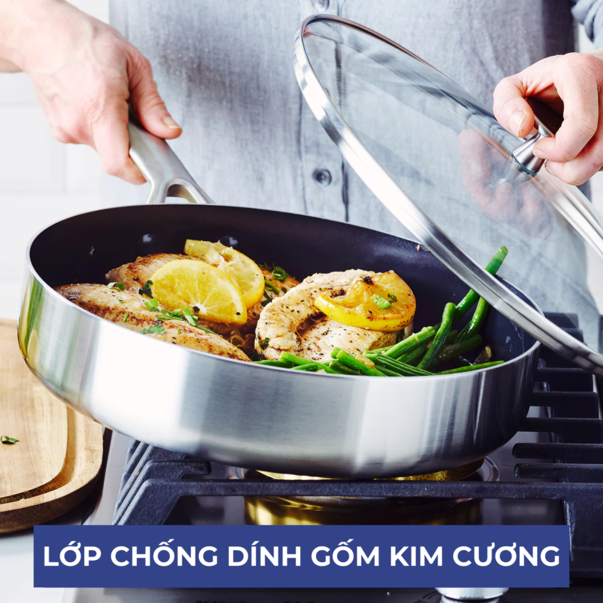 Lớp chống dính ceramic phủ kim cương, không PFAS, PFOA, chì, cadmium, an toàn sức khỏe, siêu bền vượt trội.