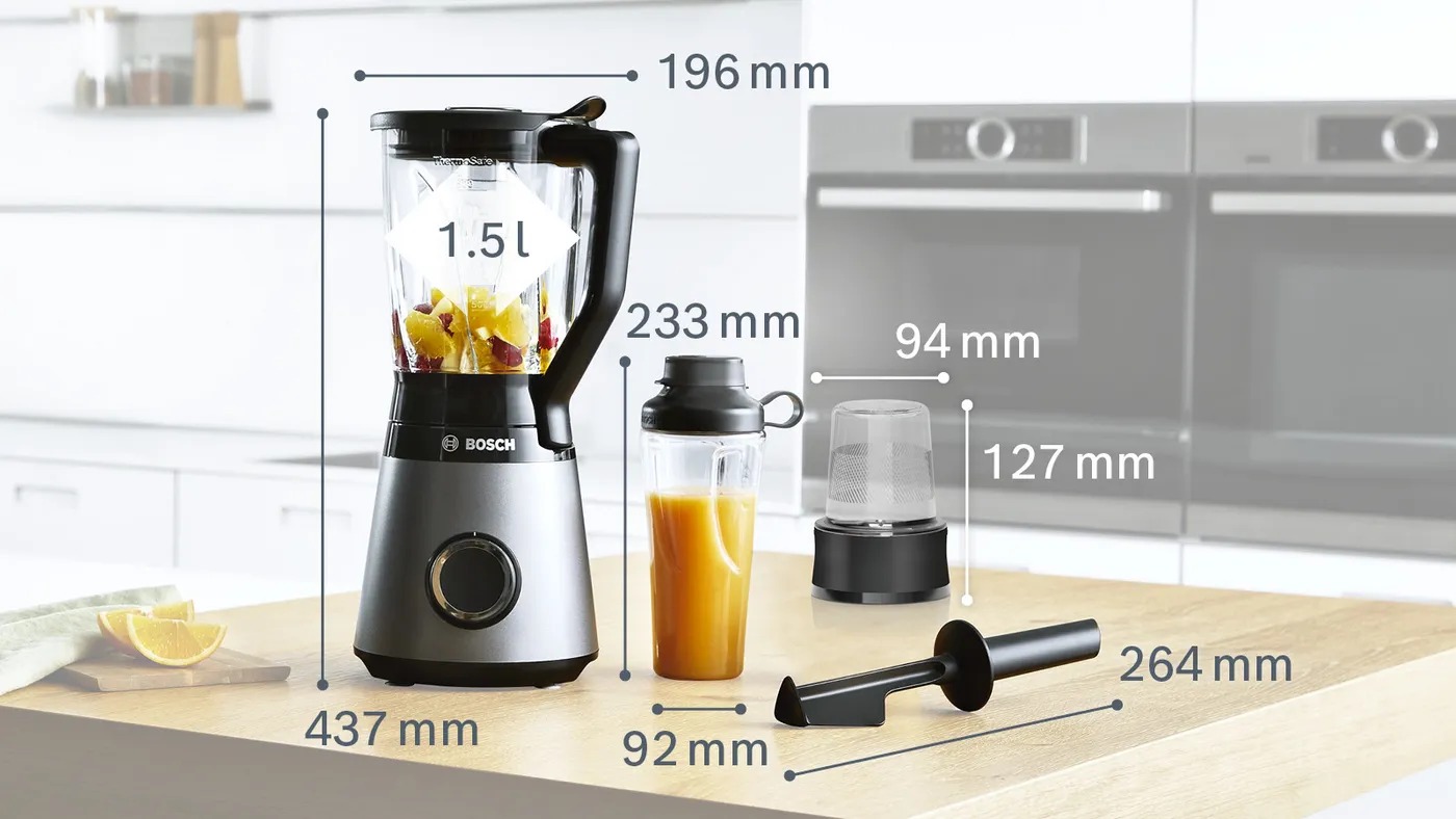 Cối xay Bosch MMB6177S dung tích 1.5L, thủy tinh ThermoSafe chịu nhiệt vượt trội, thiết kế xoáy 3D tối ưu.