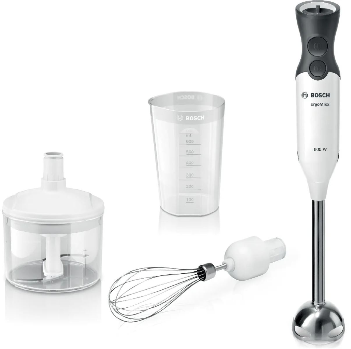 Bosch MS6CA4150G đa năng với phụ kiện tiện lợi: cối xay mini, que đánh trứng inox, cốc đong có nắp.