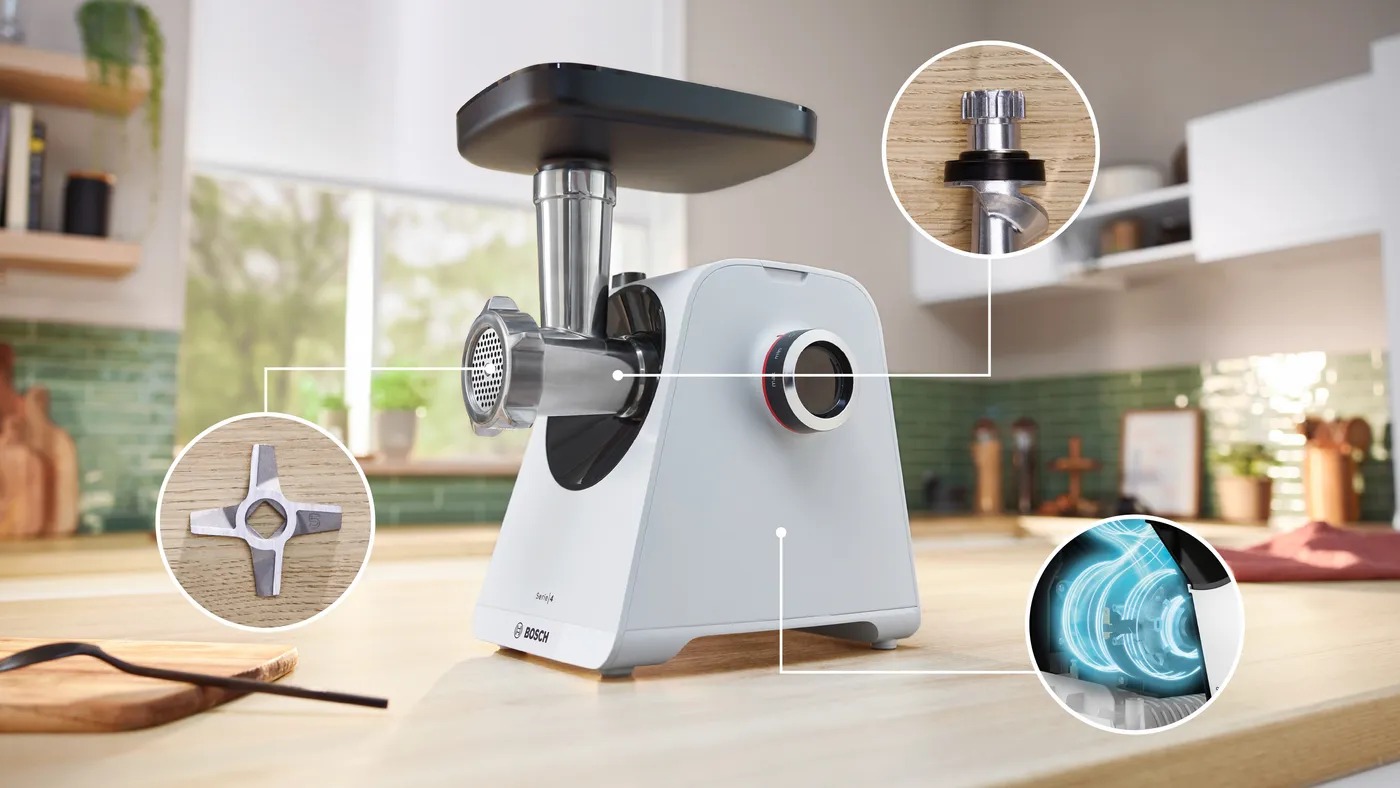 Máy xay thịt Bosch MFWS420W công suất 1900W, xay nhanh, tiện lợi, an toàn, lựa chọn hoàn hảo gia đình.